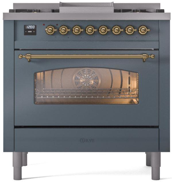ILVE Nostalgie II 36 " Dual Fuel Natural Gas Freestanding Range in Blue Grey with Brass Trim, UP36FNMPBGG