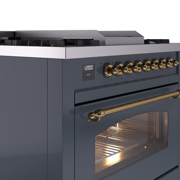 ILVE Nostalgie II 36 " Dual Fuel Natural Gas Freestanding Range in Blue Grey with Brass Trim, UP36FNMPBGG