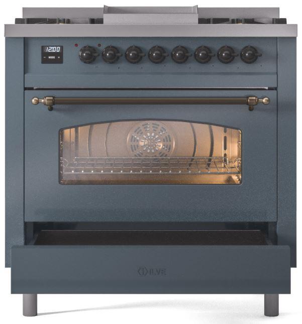 ILVE Nostalgie II 36 " Dual Fuel Natural Gas Freestanding Range in Blue Grey with Bronze Trim, UP36FNMPBGB
