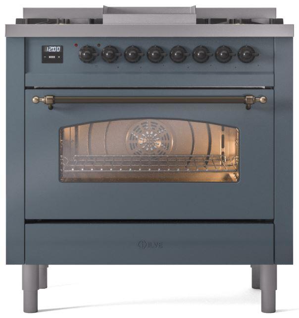 ILVE Nostalgie II 36 " Dual Fuel Natural Gas Freestanding Range in Blue Grey with Bronze Trim, UP36FNMPBGB