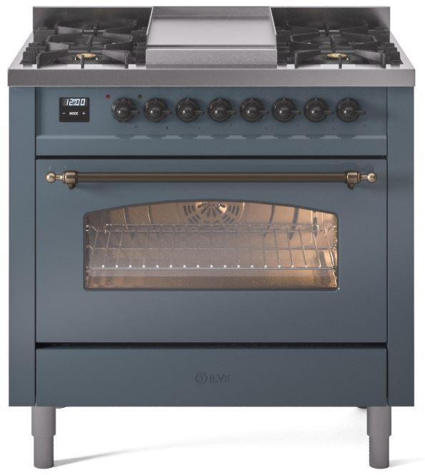 ILVE Nostalgie II 36 " Dual Fuel Natural Gas Freestanding Range in Blue Grey with Bronze Trim, UP36FNMPBGB