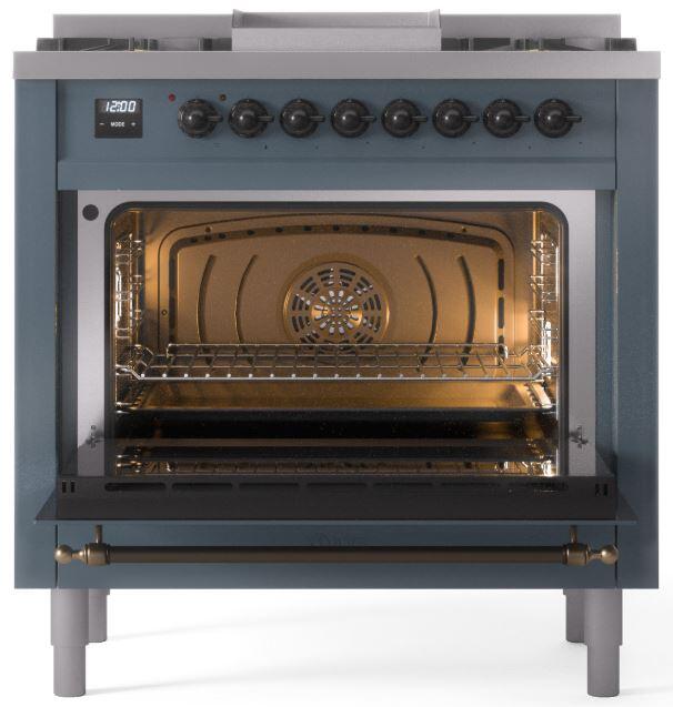 ILVE Nostalgie II 36 " Dual Fuel Natural Gas Freestanding Range in Blue Grey with Bronze Trim, UP36FNMPBGB