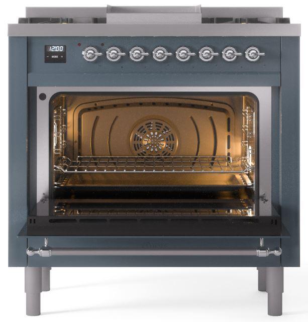 ILVE Nostalgie II 36 " Dual Fuel Natural Gas Freestanding Range in Blue Grey with Chrome Trim, UP36FNMPBGC