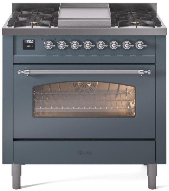 ILVE Nostalgie II 36 " Dual Fuel Natural Gas Freestanding Range in Blue Grey with Chrome Trim, UP36FNMPBGC