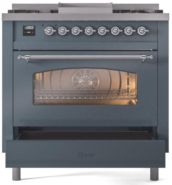 ILVE Nostalgie II 36 " Dual Fuel Natural Gas Freestanding Range in Blue Grey with Chrome Trim, UP36FNMPBGC