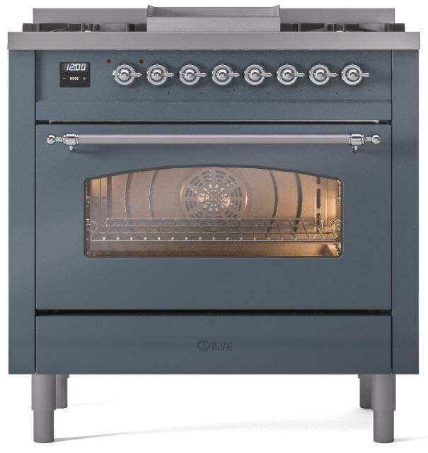 ILVE Nostalgie II 36 " Dual Fuel Natural Gas Freestanding Range in Blue Grey with Chrome Trim, UP36FNMPBGC