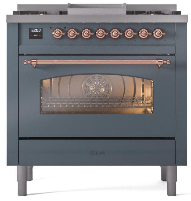 ILVE Nostalgie II 36 " Dual Fuel Natural Gas Freestanding Range in Blue Grey with Copper Trim, UP36FNMPBGP
