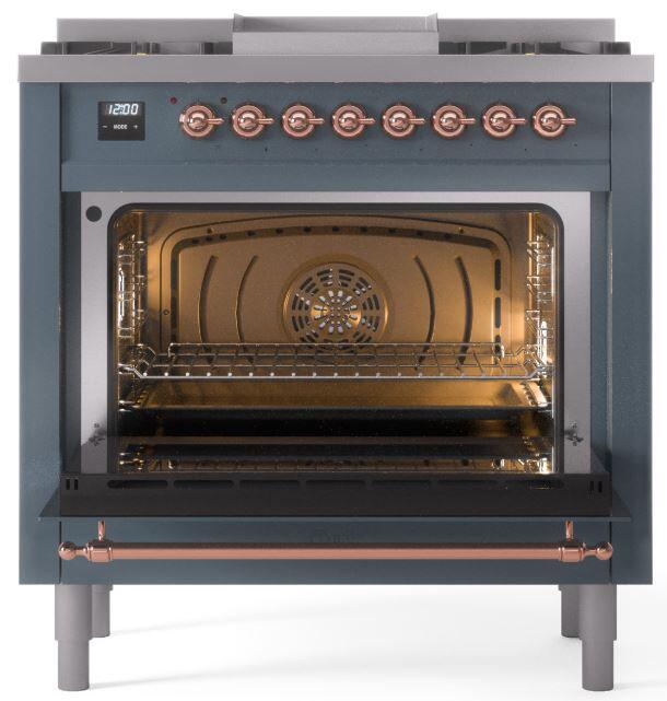 ILVE Nostalgie II 36 " Dual Fuel Natural Gas Freestanding Range in Blue Grey with Copper Trim, UP36FNMPBGP