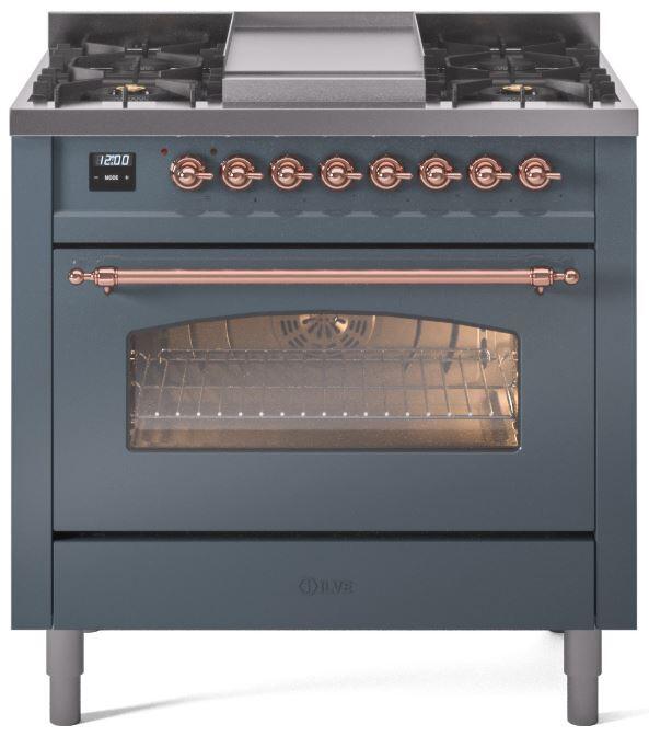 ILVE Nostalgie II 36 " Dual Fuel Natural Gas Freestanding Range in Blue Grey with Copper Trim, UP36FNMPBGP