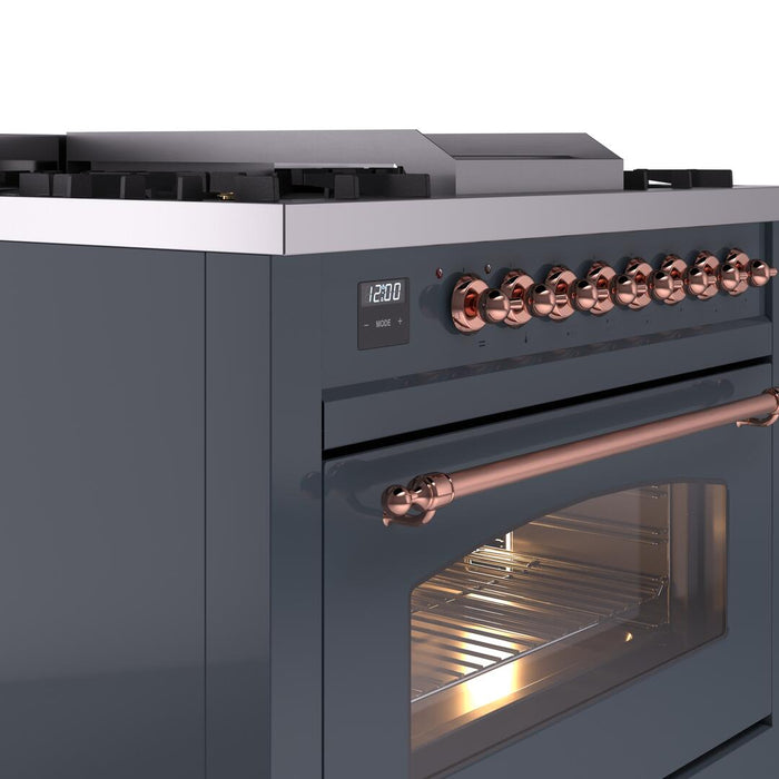ILVE Nostalgie II 36 " Dual Fuel Natural Gas Freestanding Range in Blue Grey with Copper Trim, UP36FNMPBGP