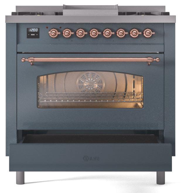 ILVE Nostalgie II 36 " Dual Fuel Natural Gas Freestanding Range in Blue Grey with Copper Trim, UP36FNMPBGP