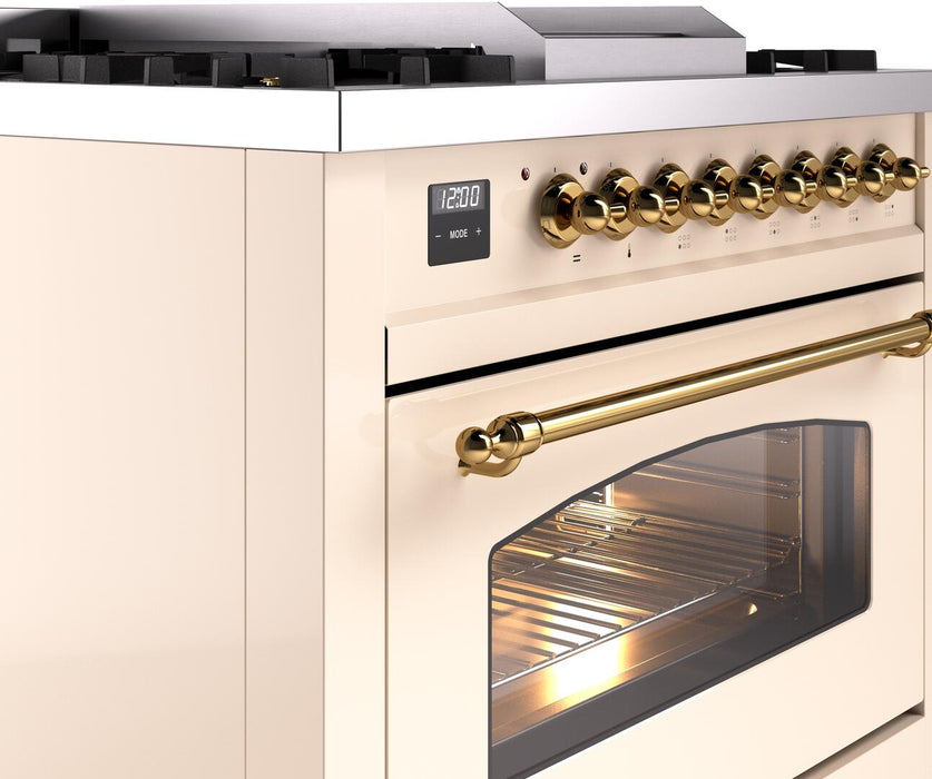 ILVE Nostalgie II 36" Dual Fuel Natural Gas Range, Antique White, Brass Trim UP36FNMPAWG