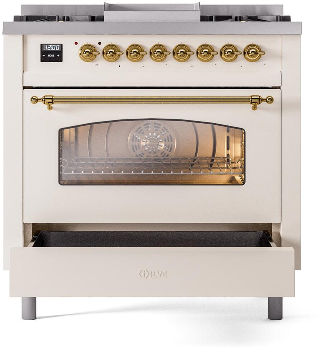 ILVE Nostalgie II 36" Dual Fuel Natural Gas Range, Antique White, Brass Trim UP36FNMPAWG