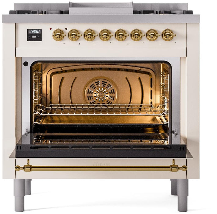 ILVE Nostalgie II 36" Dual Fuel Natural Gas Range, Antique White, Brass Trim UP36FNMPAWG