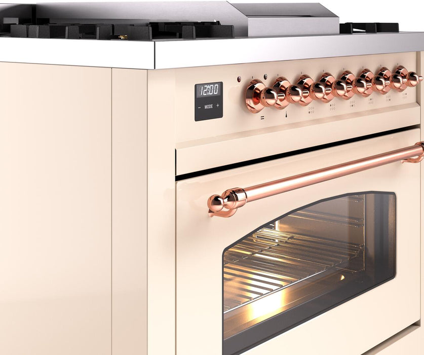 ILVE Nostalgie II 36" Dual Fuel Natural Gas Range, Antique White, Copper Trim UP36FNMPAWP