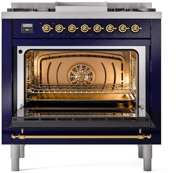 ILVE Nostalgie II 36" Dual Fuel Natural Gas Range, Blue, Brass Trim UP36FNMPMBG