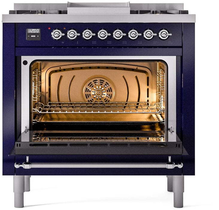 ILVE Nostalgie II 36" Dual Fuel Natural Gas Range, Blue, Chrome Trim UP36FNMPMBC