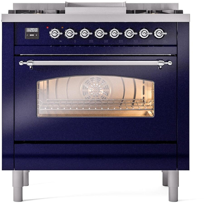 ILVE Nostalgie II 36" Dual Fuel Natural Gas Range, Blue, Chrome Trim UP36FNMPMBC