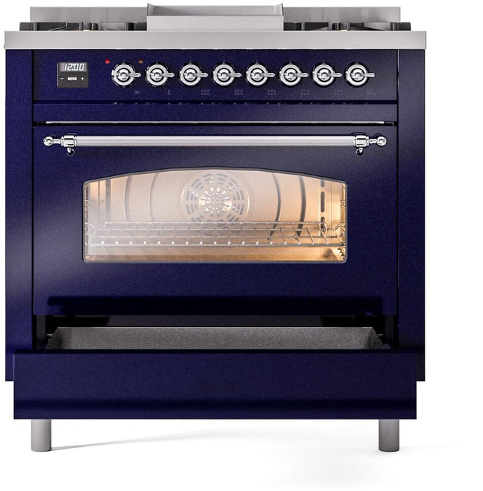ILVE Nostalgie II 36" Dual Fuel Natural Gas Range, Blue, Chrome Trim UP36FNMPMBC