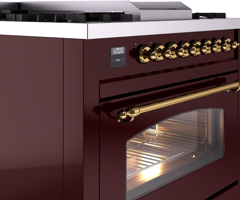 ILVE Nostalgie II 36" Dual Fuel Natural Gas Range, Burgundy, Brass Trim UP36FNMPBUG