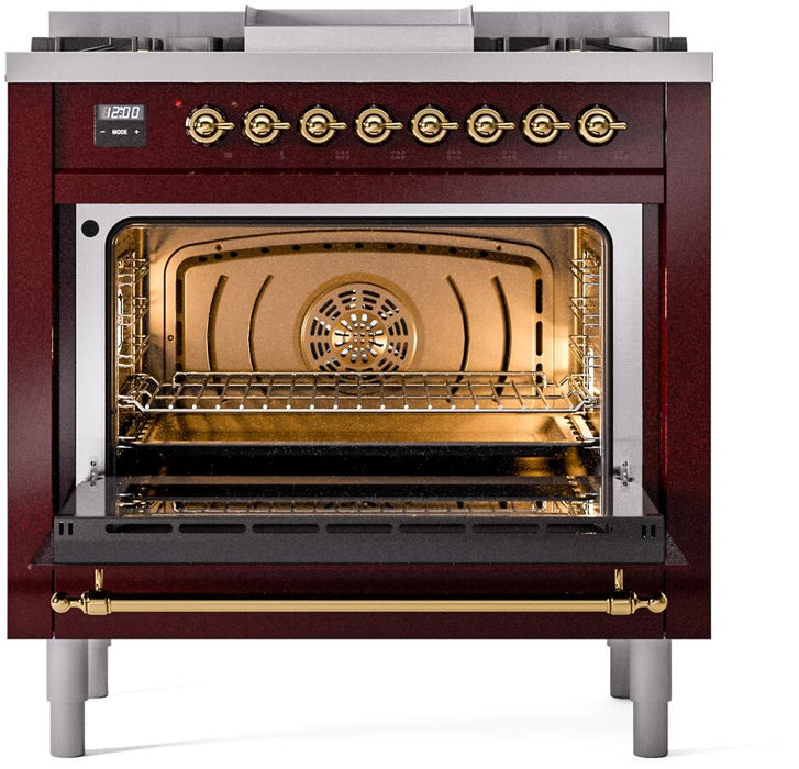 ILVE Nostalgie II 36" Dual Fuel Natural Gas Range, Burgundy, Brass Trim UP36FNMPBUG