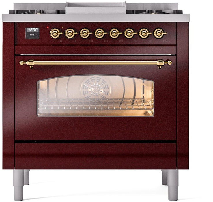 ILVE Nostalgie II 36" Dual Fuel Natural Gas Range, Burgundy, Brass Trim UP36FNMPBUG