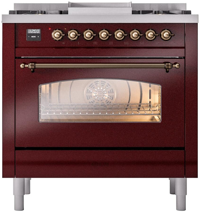 ILVE Nostalgie II 36" Dual Fuel Natural Gas Range, Burgundy, Bronze Trim UP36FNMPBUB