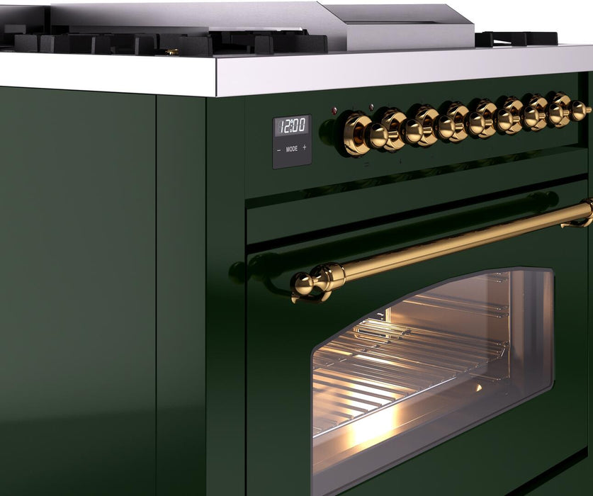 ILVE Nostalgie II 36" Dual Fuel Natural Gas Range, Emerald Green, Brass Trim UP36FNMPEGG
