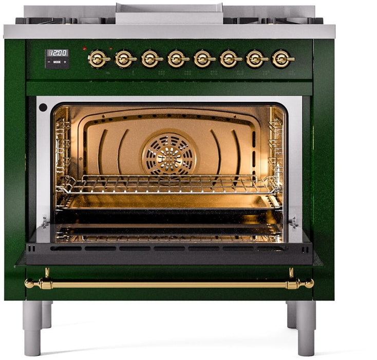 ILVE Nostalgie II 36" Dual Fuel Natural Gas Range, Emerald Green, Brass Trim UP36FNMPEGG