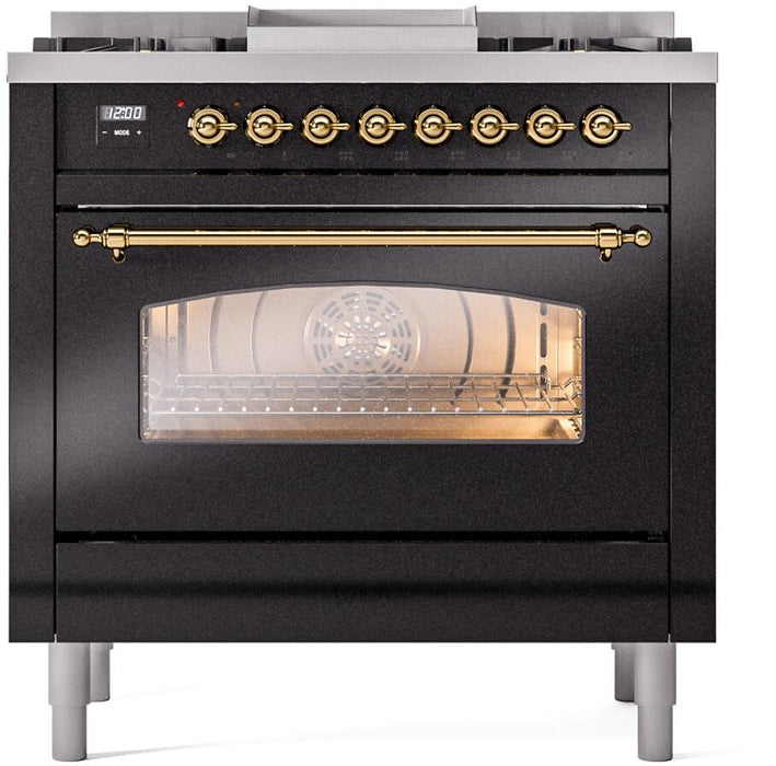ILVE Nostalgie II 36" Dual Fuel Natural Gas Range, Glossy Black , Brass Trim UP36FNMPBKG
