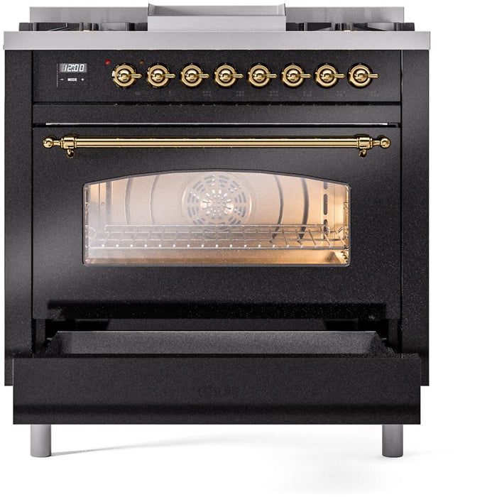 ILVE Nostalgie II 36" Dual Fuel Natural Gas Range, Glossy Black , Brass Trim UP36FNMPBKG