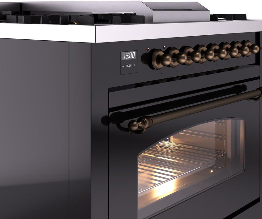 ILVE Nostalgie II 36" Dual Fuel Natural Gas Range, Glossy Black, Bronze Trim UP36FNMPBKB