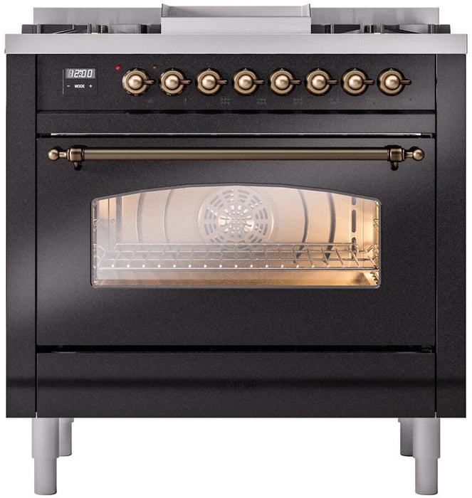 ILVE Nostalgie II 36" Dual Fuel Natural Gas Range, Glossy Black, Bronze Trim UP36FNMPBKB