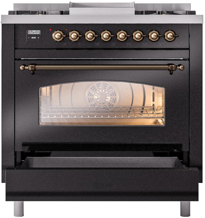 ILVE Nostalgie II 36" Dual Fuel Natural Gas Range, Glossy Black, Bronze Trim UP36FNMPBKB