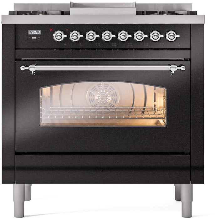 ILVE Nostalgie II 36" Dual Fuel Natural Gas Range, Glossy Black, Chrome Trim UP36FNMPBKC