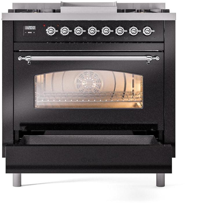 ILVE Nostalgie II 36" Dual Fuel Natural Gas Range, Glossy Black, Chrome Trim UP36FNMPBKC