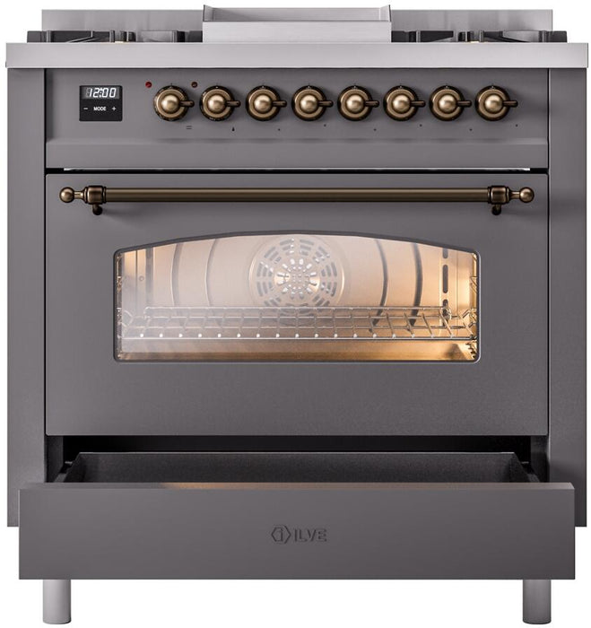 ILVE Nostalgie II 36" Dual Fuel Natural Gas Range, Matte Graphite, Bronze Trim UP36FNMPMGB