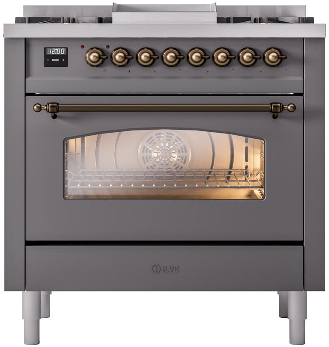 ILVE Nostalgie II 36" Dual Fuel Natural Gas Range, Matte Graphite, Bronze Trim UP36FNMPMGB