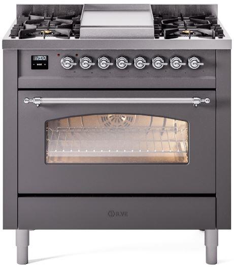 ILVE Nostalgie II 36" Dual Fuel Natural Gas Range, Matte Graphite, Chrome Trim UP36FNMPMGC