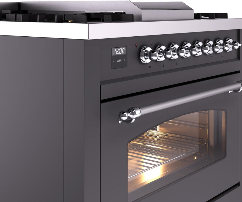 ILVE Nostalgie II 36" Dual Fuel Natural Gas Range, Matte Graphite, Chrome Trim UP36FNMPMGC