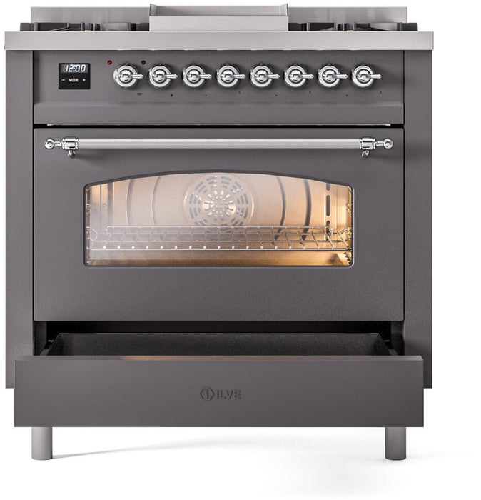 ILVE Nostalgie II 36" Dual Fuel Natural Gas Range, Matte Graphite, Chrome Trim UP36FNMPMGC