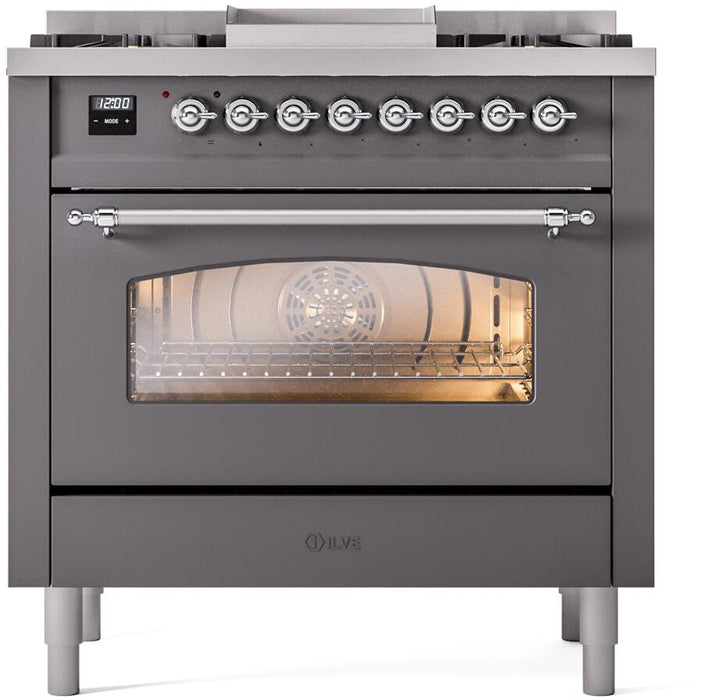 ILVE Nostalgie II 36" Dual Fuel Natural Gas Range, Matte Graphite, Chrome Trim UP36FNMPMGC