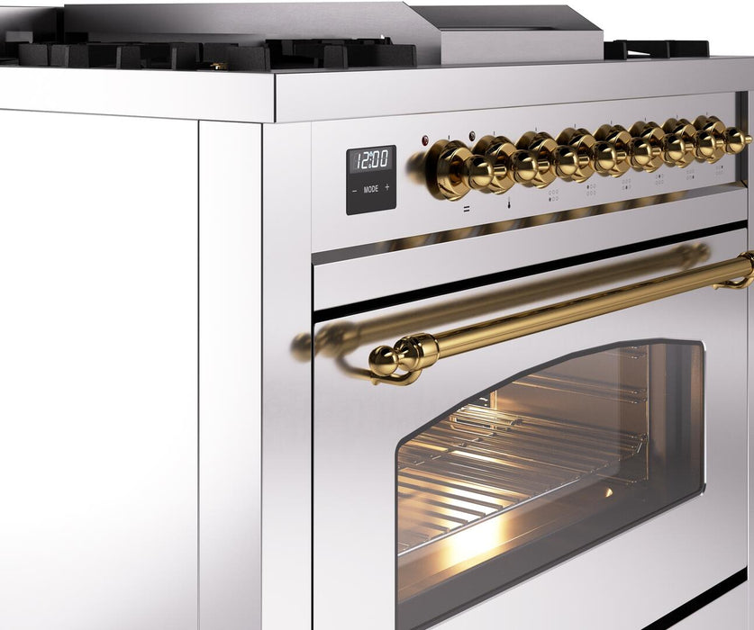 ILVE Nostalgie II 36" Dual Fuel Natural Gas Range, Stainless Steel , Brass Trim UP36FNMPSSG