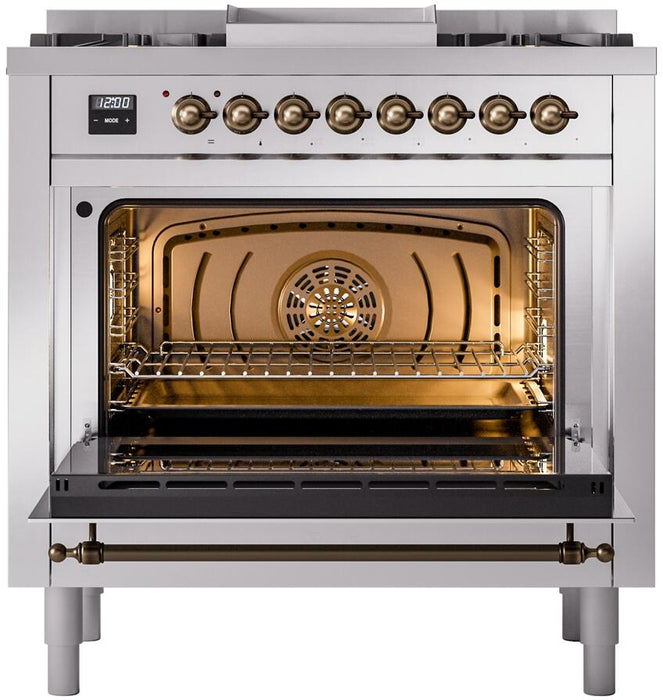ILVE Nostalgie II 36" Dual Fuel Natural Gas Range, Stainless Steel , Bronze Trim UP36FNMPSSB