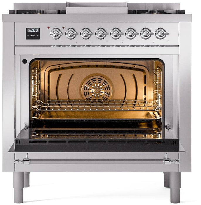 ILVE Nostalgie II 36" Dual Fuel Natural Gas Range, Stainless Steel, Chrome Trim UP36FNMPSSC