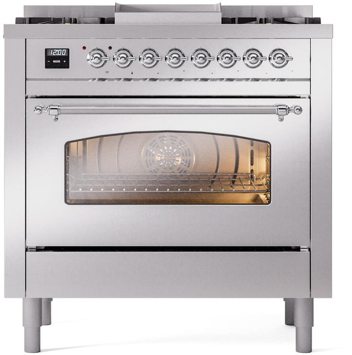 ILVE Nostalgie II 36" Dual Fuel Natural Gas Range, Stainless Steel, Chrome Trim UP36FNMPSSC