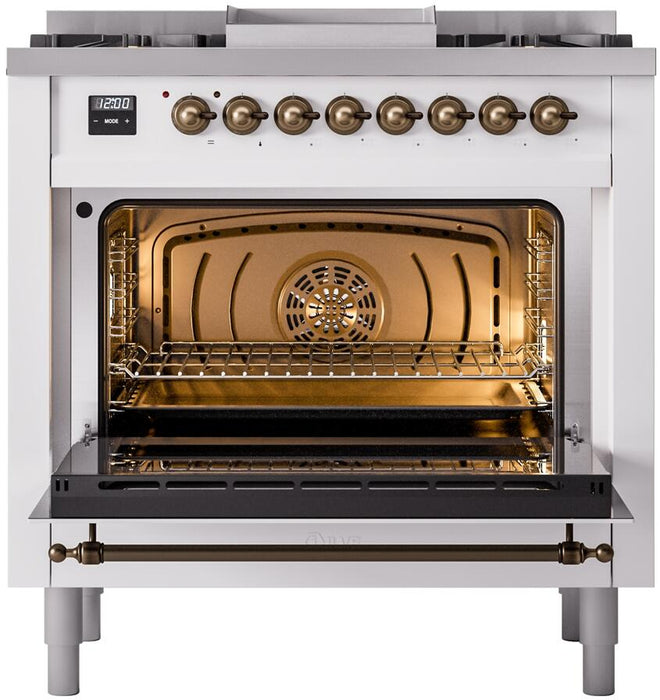 ILVE Nostalgie II 36" Dual Fuel Natural Gas Range, White , Bronze Trim UP36FNMPWHB