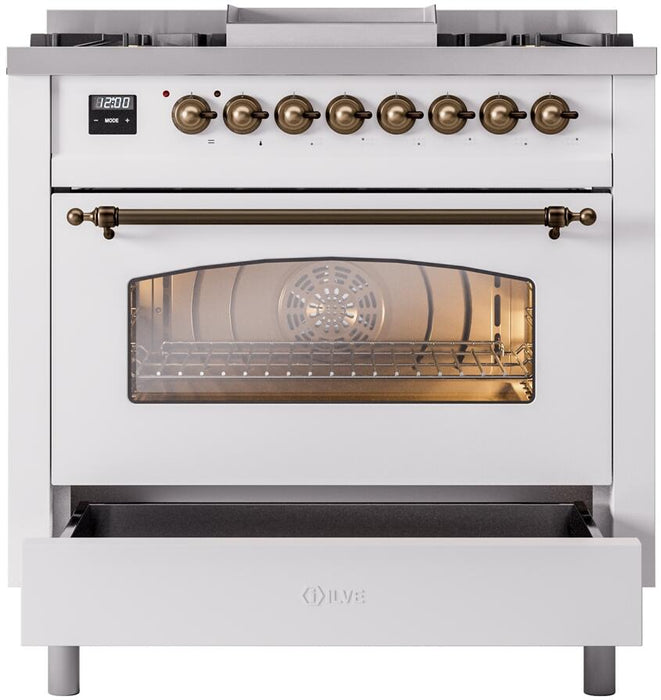 ILVE Nostalgie II 36" Dual Fuel Natural Gas Range, White , Bronze Trim UP36FNMPWHB