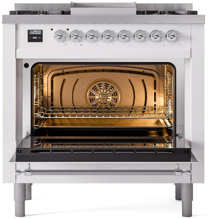 ILVE Nostalgie II 36" Dual Fuel Natural Gas Range, White, Chrome Trim UP36FNMPWHC