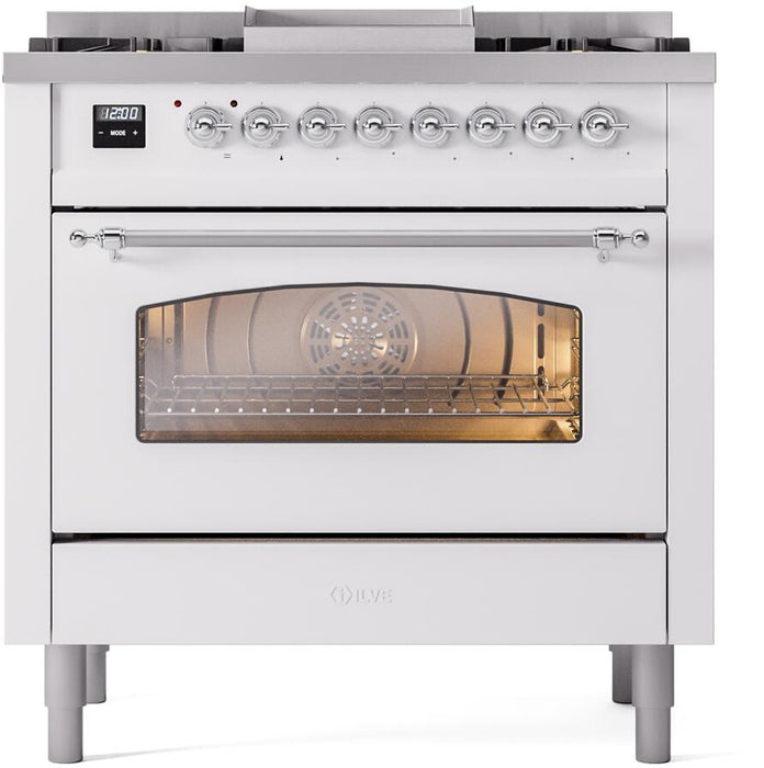 ILVE Nostalgie II 36" Dual Fuel Natural Gas Range, White, Chrome Trim UP36FNMPWHC